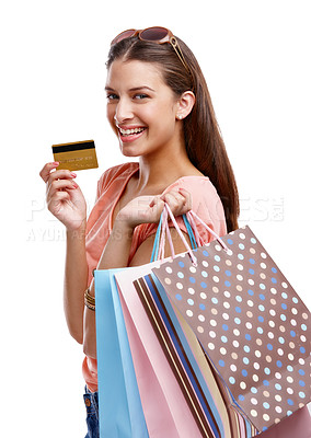 Buy stock photo Happy woman, shopping and credit card for portrait, white background and isolated studio for product sales. Rich customer, model and shopping finance, ecommerce market and retail discount promotion 