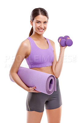 Buy stock photo Portrait of a beautiful young woman holding an exercise mat and a pair of dumbbells