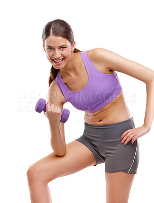 Buy stock photo Shot of a beautiful woman training with weights
