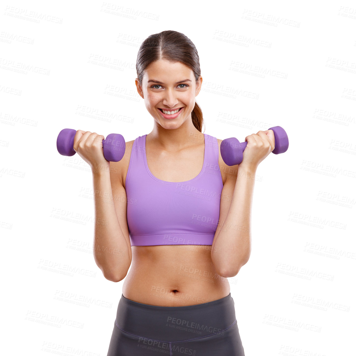 Buy stock photo Exercise, portrait and woman with dumbbell in studio for training challenge, fitness and healthy body. Athlete, smile and person with gym equipment for muscle, strength or workout by white background