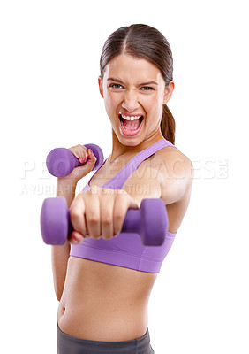 Buy stock photo Studio portrait of a beautiful young woman lifting dumbbells