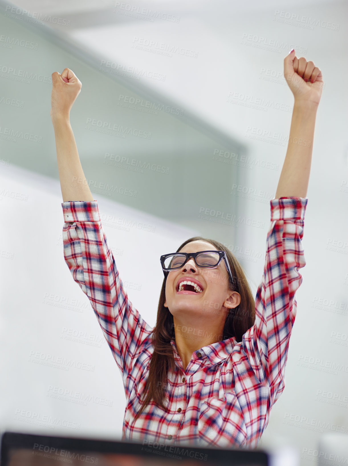 Buy stock photo Business woman, computer and success in office for celebration, good news and investment with glasses. Employee, tech and achievement in workplace for client acquisition, salary increase and target