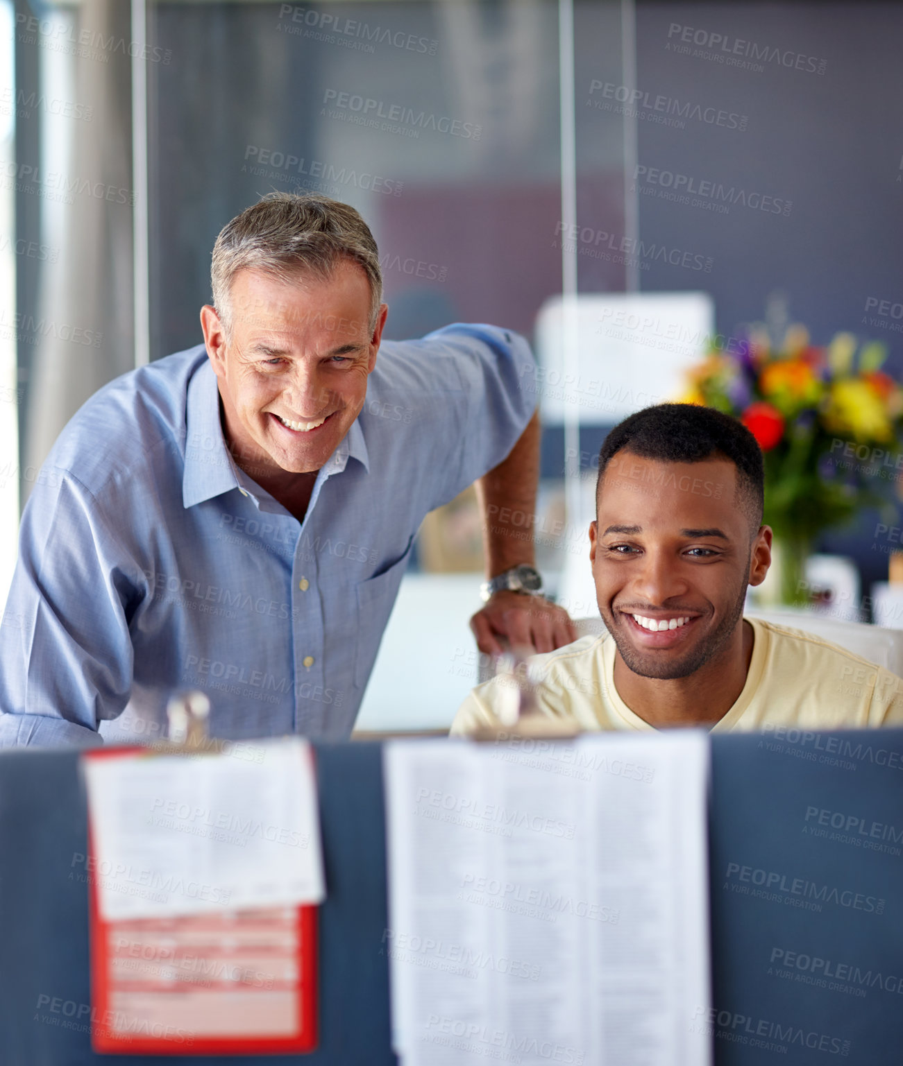 Buy stock photo Employees, computer and office for help with feedback, project management and support with proposal. Teamwork, mentor and collaboration in internship at workplace, online development and research