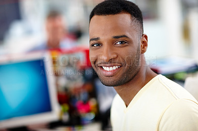 Buy stock photo Portrait, business and black man with smile, computer or confidence in modern office. Face, African person or employee with pc, pride or career ambition with design agency or consultant for project