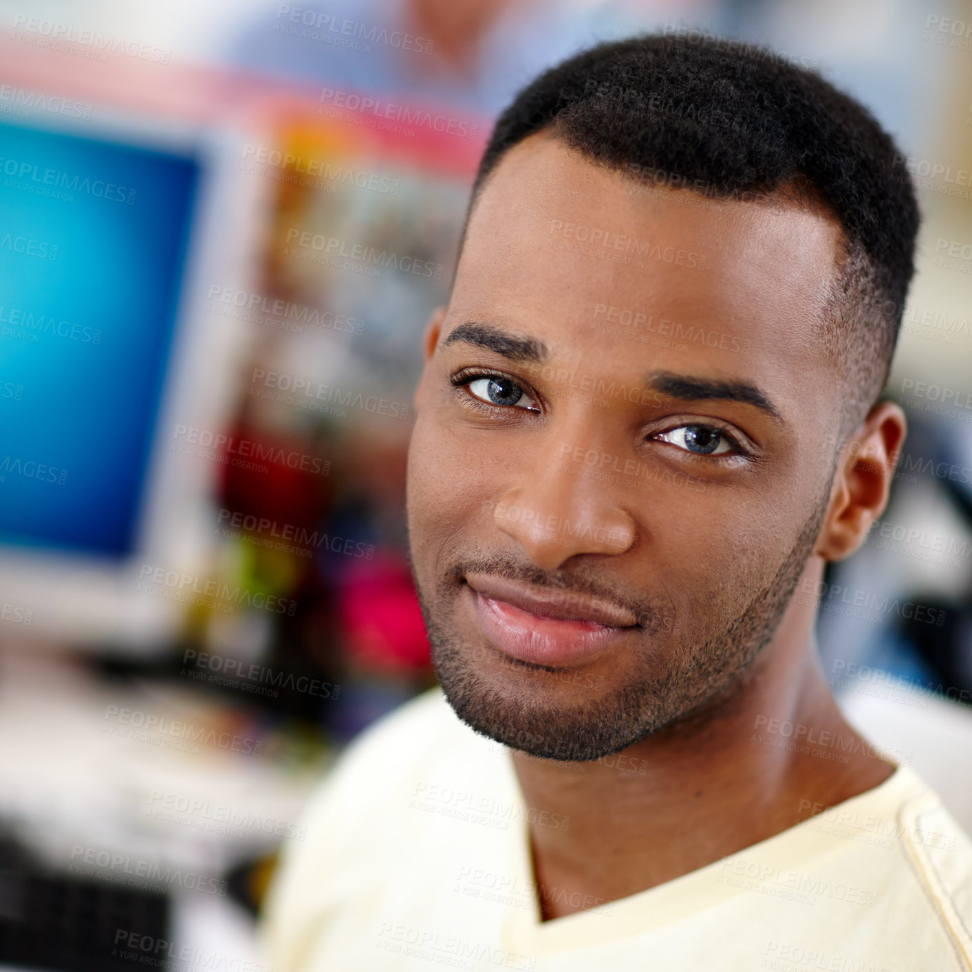 Buy stock photo Portrait, business or black man with pride, computer or confidence in modern office. Face, African person or employee with pc, creative or career ambition with design agency or consultant for project