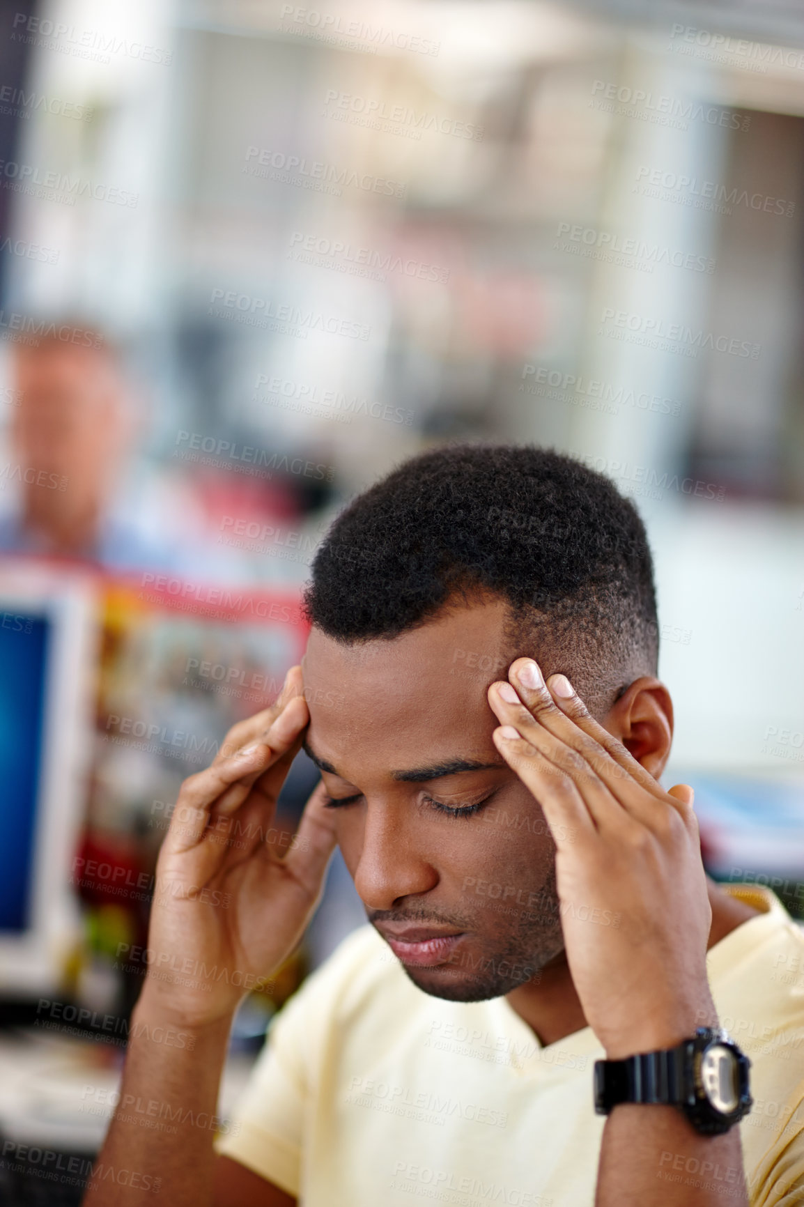 Buy stock photo Business, headache and black man in office, tired and sick with burnout, overworked and pain. African person, creative agency or employee with migraine, fatigue or stress with deadline or health risk