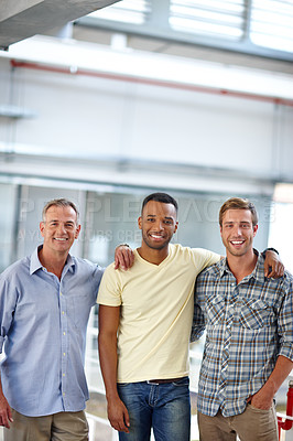 Buy stock photo Portrait of a three happy coworkers in a casual office environment 