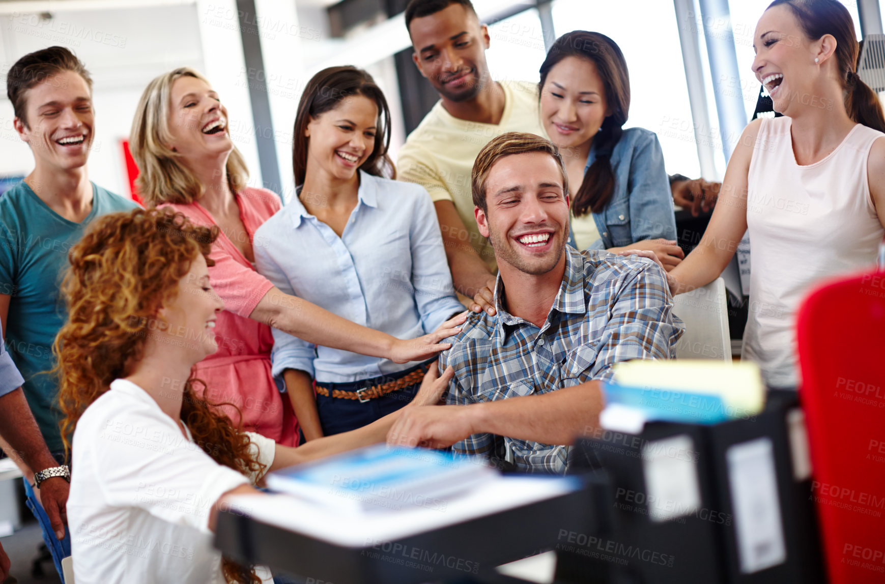 Buy stock photo Man, group and celebration with smile in office for goals, success and praise at media company. Person, excited team and diversity with support, cheers and performance at startup creative agency