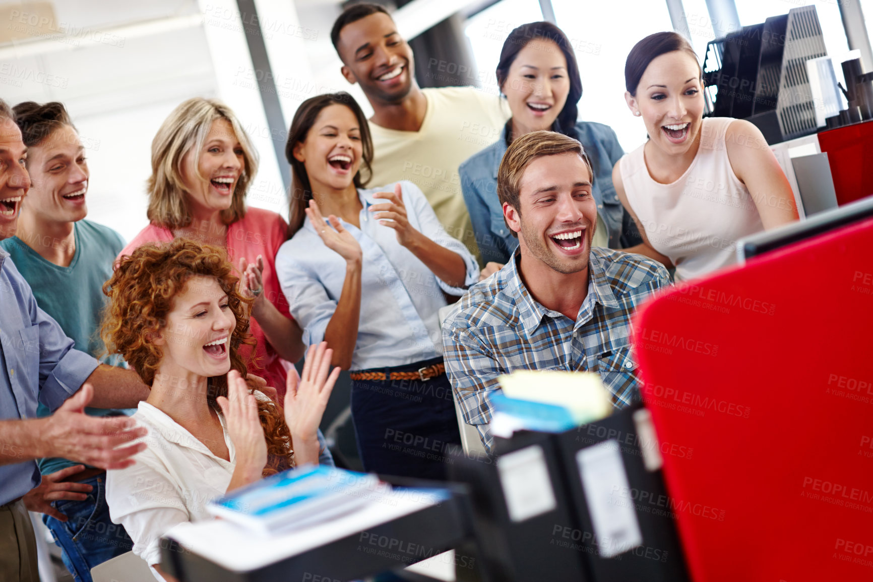 Buy stock photo Man, group and applause with computer in office for goals, success and celebration at media company. Person, excited team and diversity with support, cheers and praise at startup creative agency