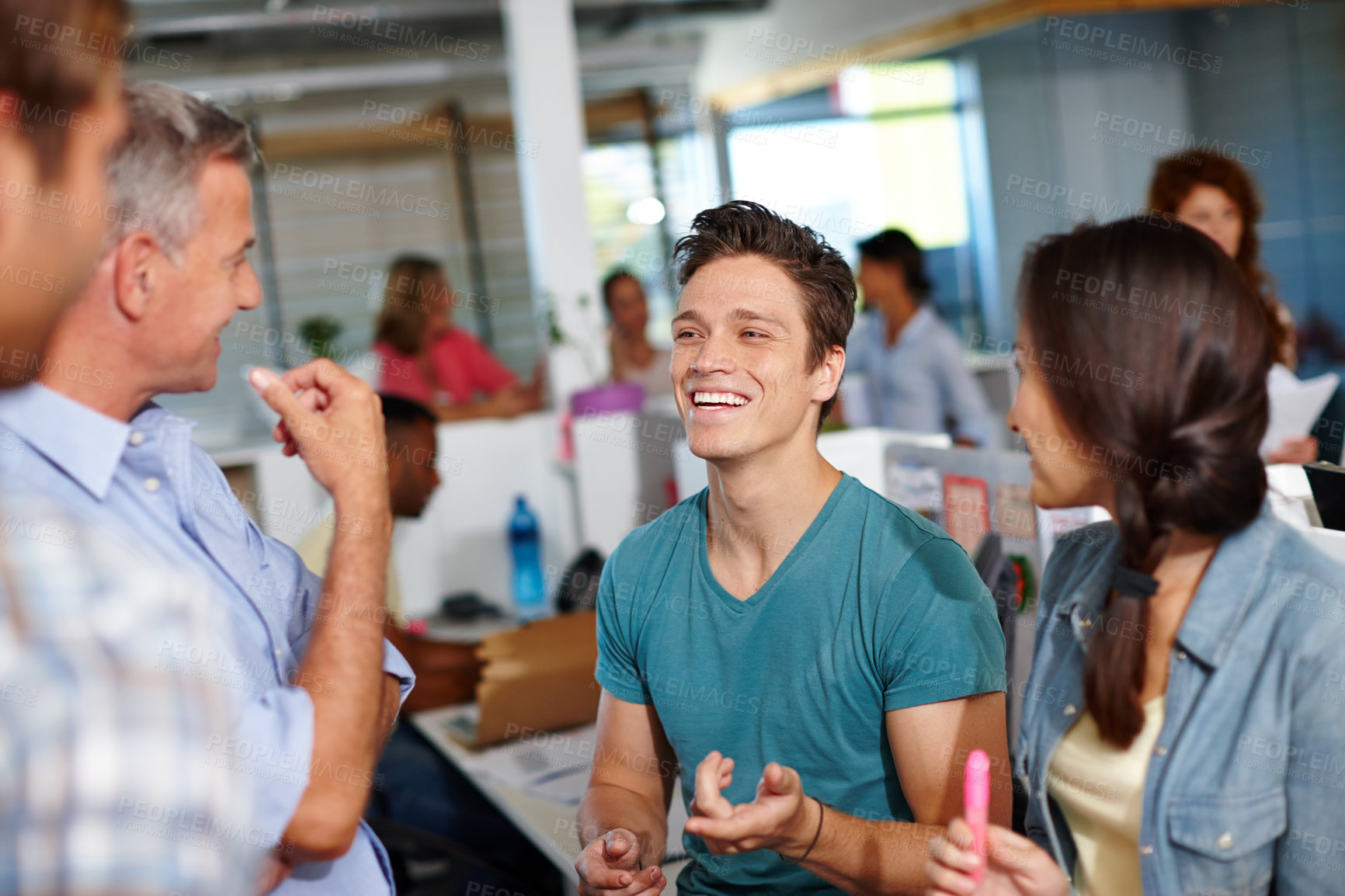 Buy stock photo Employees, talking and office for ideas on project, brainstorming and support with proposal. Teamwork, laughing and collaboration in internship at workplace, funny conversation and creative plan