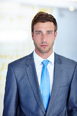 Buy stock photo Portrait, businessman and office with confidence, suit and pride as accountant for financial agency. Male person, professional and serious for investment opportunity, portfolio and banking in company