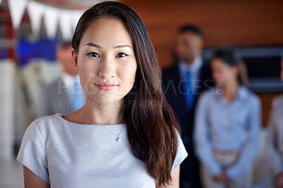 Buy stock photo Office, portrait and woman with ambition for law firm, professional career and pride for justice. Workplace, female person and lawyer with confidence for court case, legal advice and proud attorney