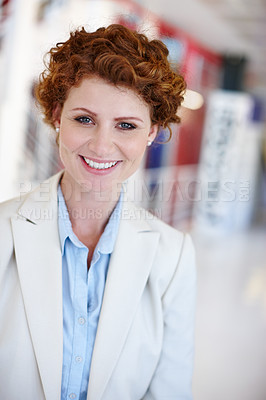 Buy stock photo Portrait, business woman and office with confidence, suit and pride as accountant in financial firm. Female person, professional and smile for investment opportunity, portfolio and banking in company