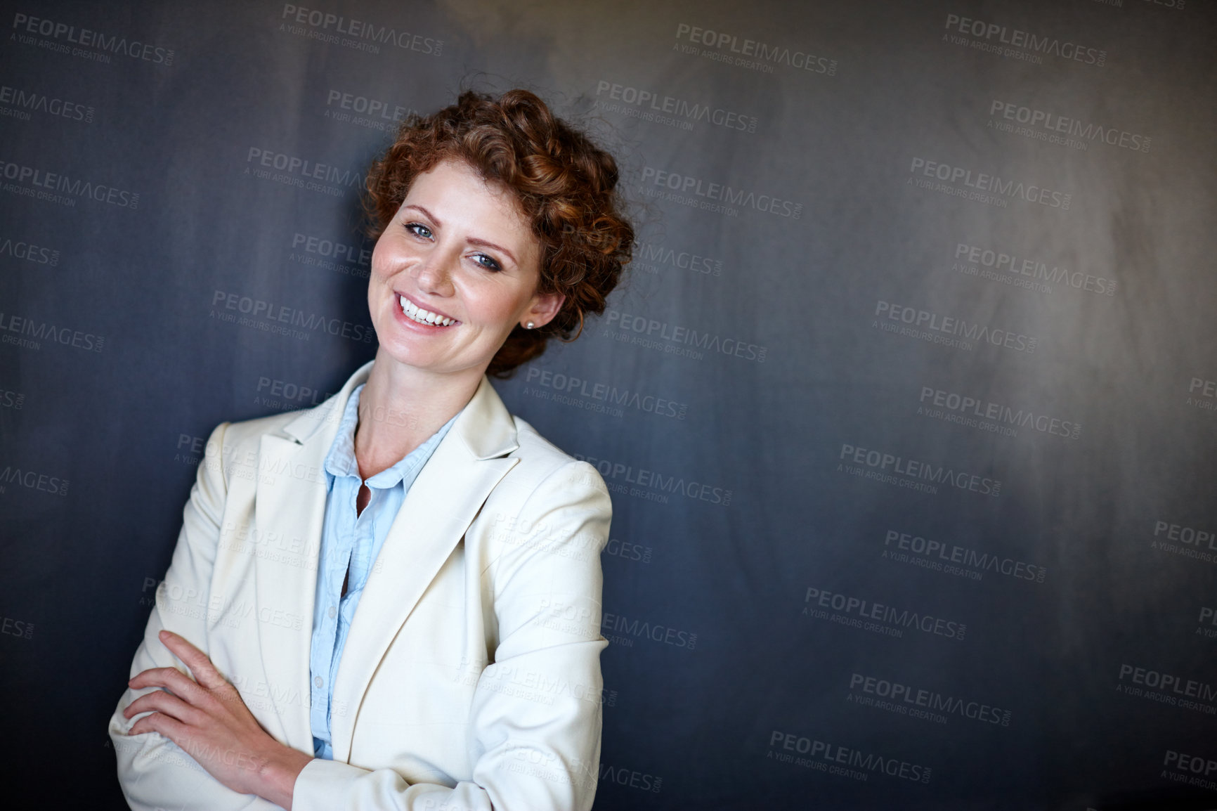 Buy stock photo Portrait, business woman and office with mockup space, confidence and pride as accountant in banking. Female person, arms crossed and smile for investment opportunity, portfolio or finance in company