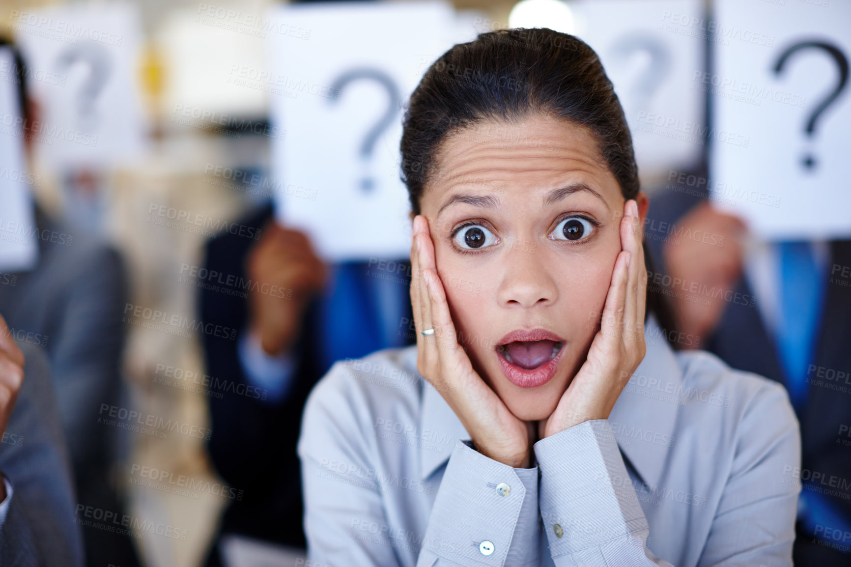 Buy stock photo Business woman, surprise and portrait with question mark, poster and shock from fire possibility. Retrenched, sign and termination stress with employee with anxiety from layoff or potential dismissal