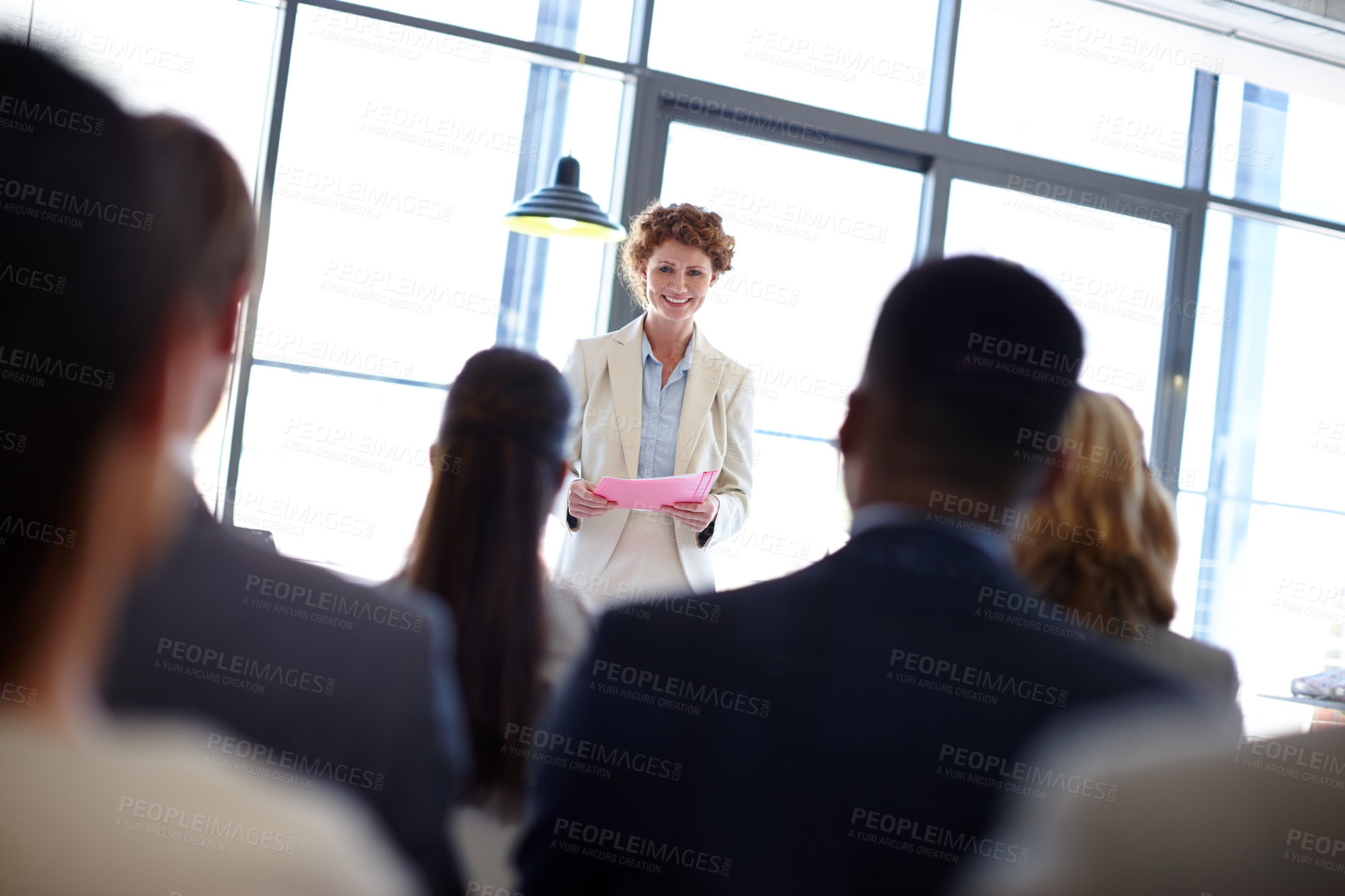 Buy stock photo Meeting, speaker and woman with business people in conference, tradeshow and presentation. Corporate, professional audience and men and women in office for seminar training, workshop and convention