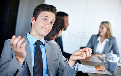 Buy stock photo Business man, confused and question in meeting with shrug, doubt and office decision. Corporate, uncertain and boardroom with professional, staff planning and brainstorming for work option at job