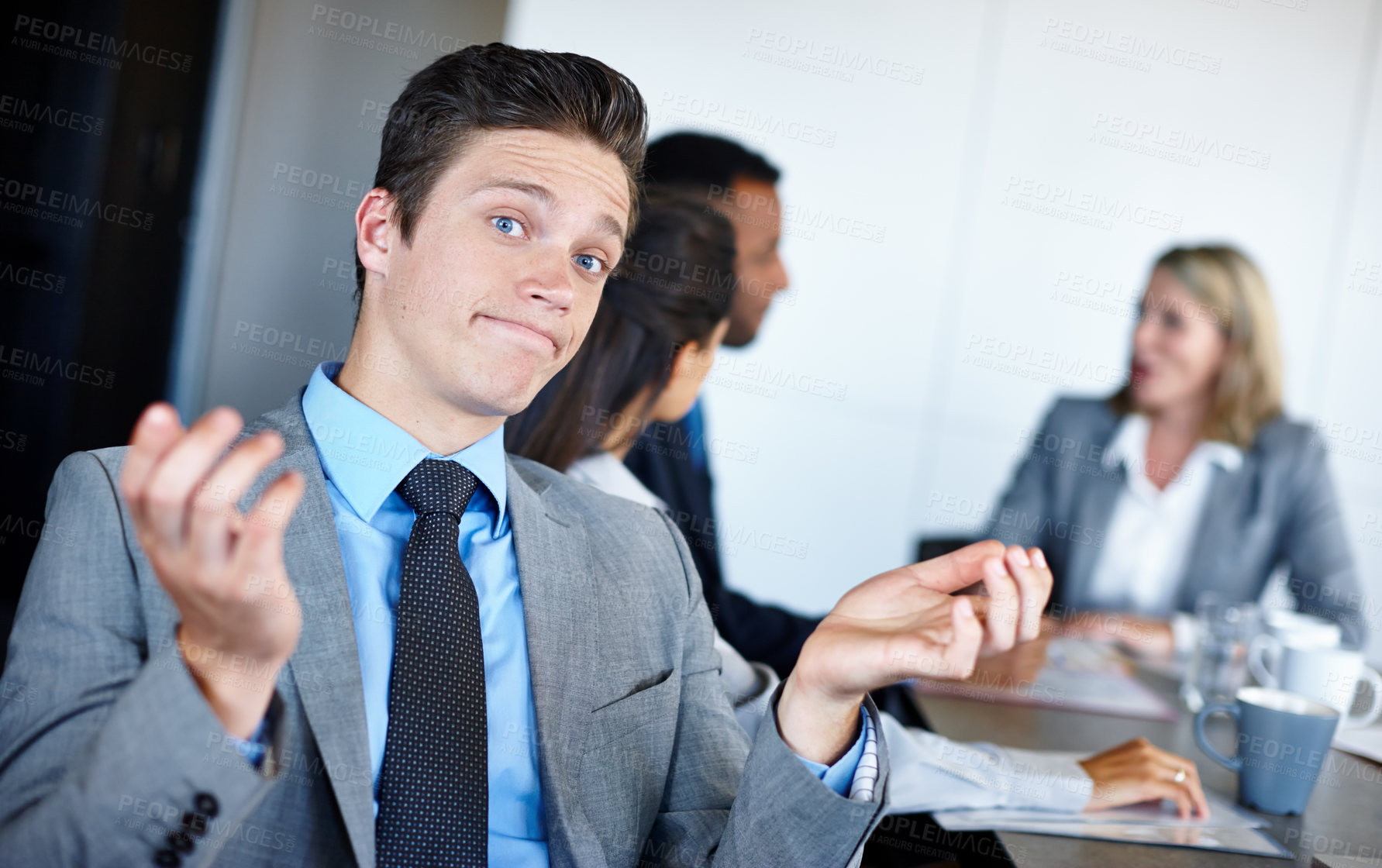 Buy stock photo Business man, confused and question in meeting with shrug, doubt and office decision. Corporate, uncertain and boardroom with professional, staff planning and brainstorming for work option at job