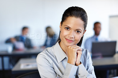 Buy stock photo Smile, confidence and portrait of woman in office for ambition, opportunity or business growth. Professional, consultant or agent in coworking space with pride, trust and happy face at digital agency