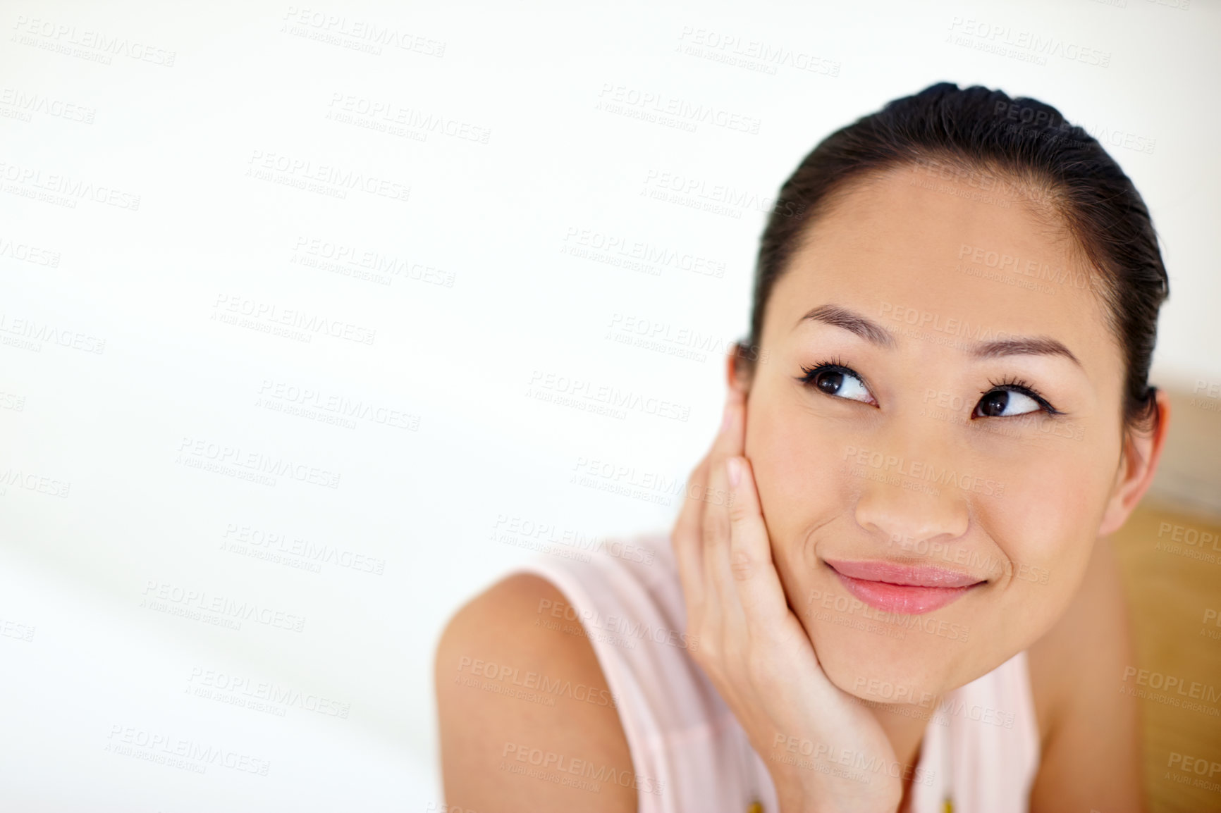 Buy stock photo Woman looking away and smiling touching her chin. Happy beautiful female thinking and making a decision. Young lady considering choices and making a decision. Person admiring something on their side
