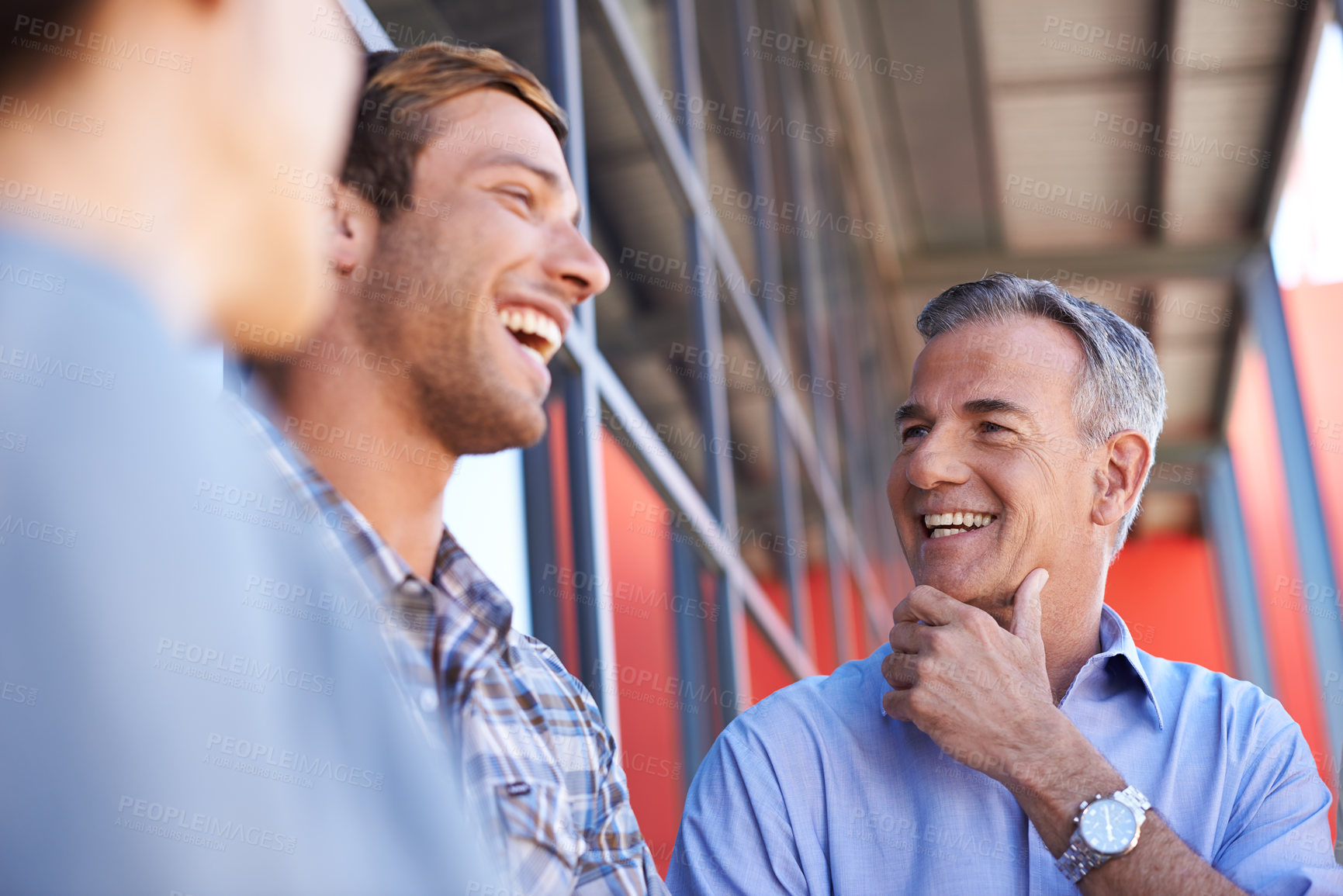 Buy stock photo Employees, laughing and outdoor for work break, funny conversation and support with project. Teamwork, humor and collaboration in partnership by office building, friends and together for creativity