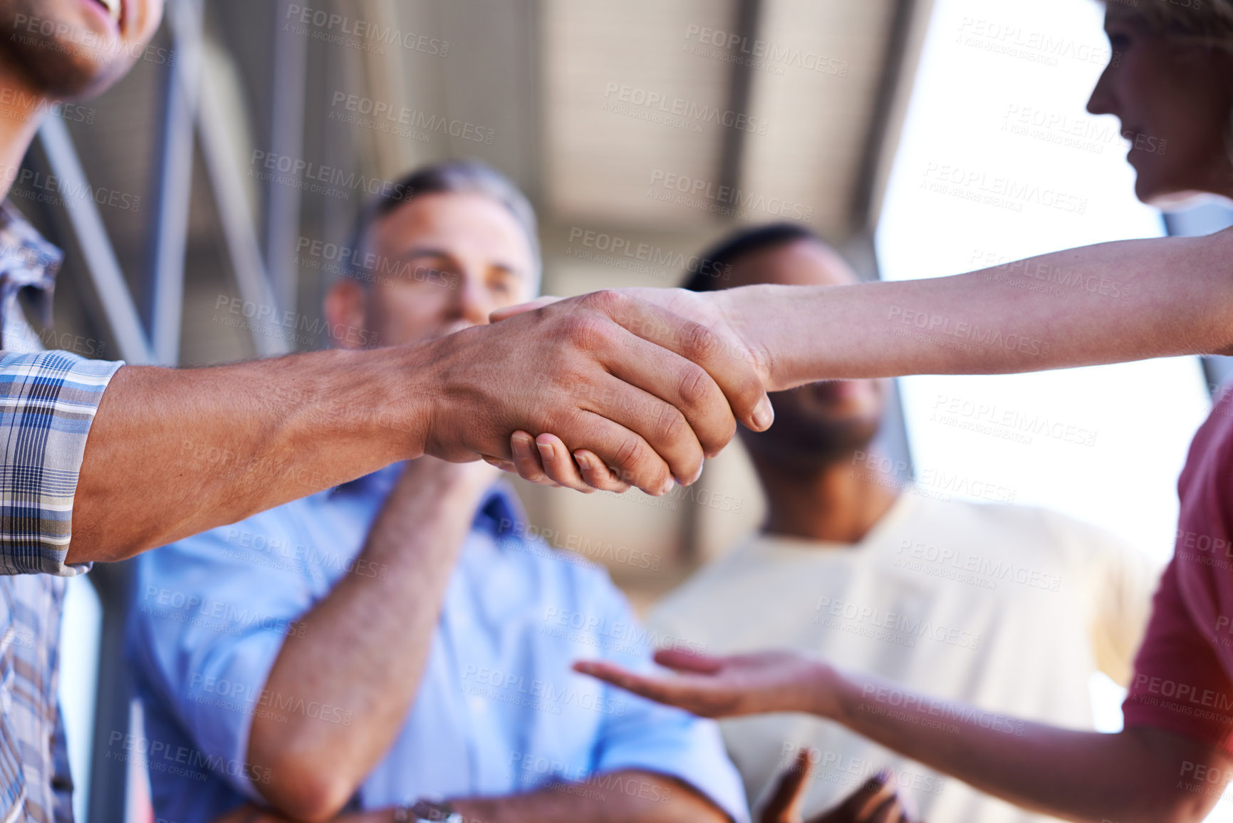 Buy stock photo Business, people and happy with handshake at office for deal, agreement and partnership. Closeup, employees and smile on meeting with achievement for teamwork, collaboration and company merge