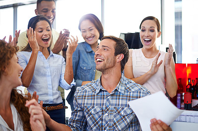 Buy stock photo Business, man and team with applause at desk for company promotion, creative campaign success and sales growth. Design agency, diversity group or praise employee in office for achievement celebration