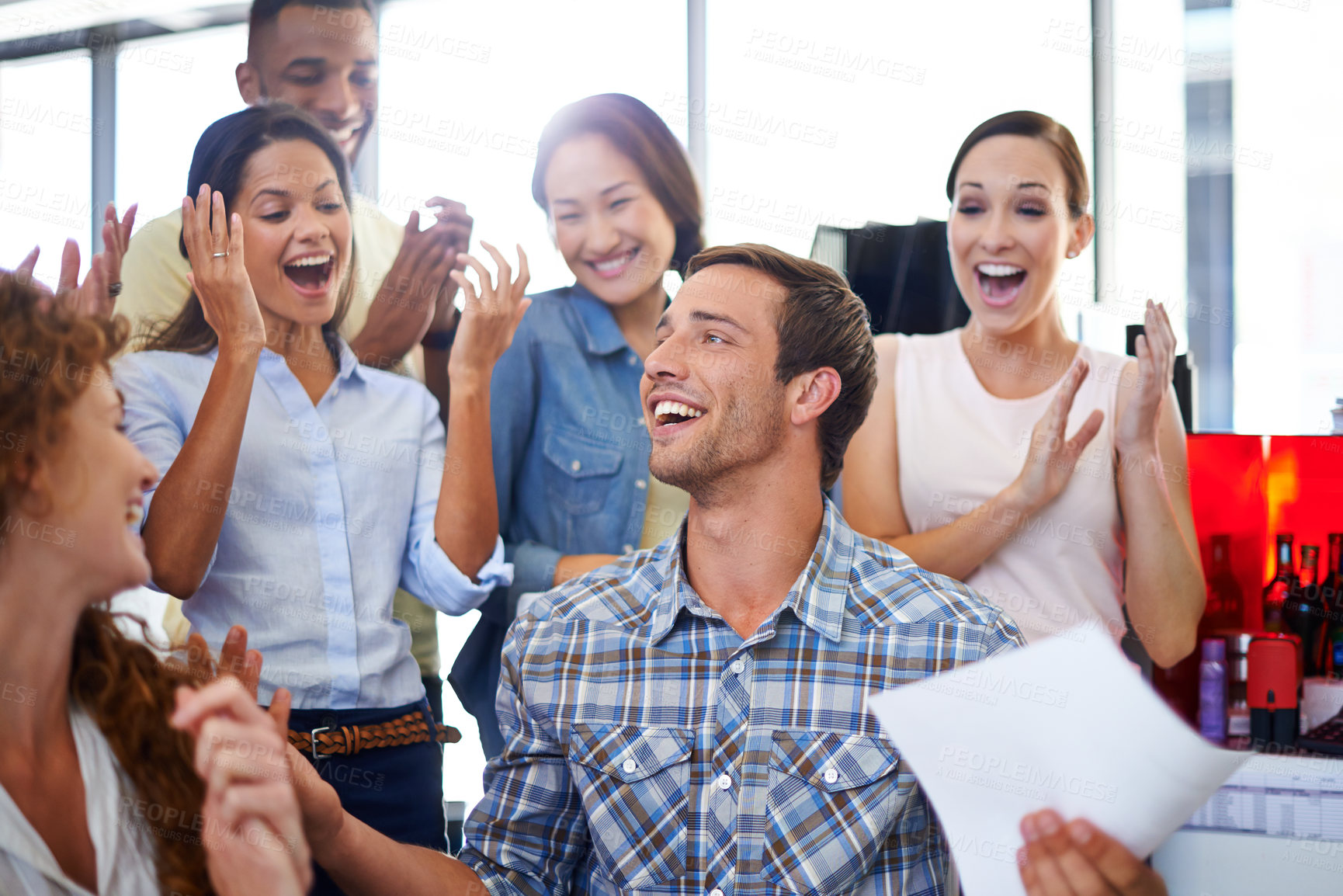 Buy stock photo Business, man and team with applause at desk for company promotion, creative campaign success and sales growth. Design agency, diversity group or praise employee in office for achievement celebration