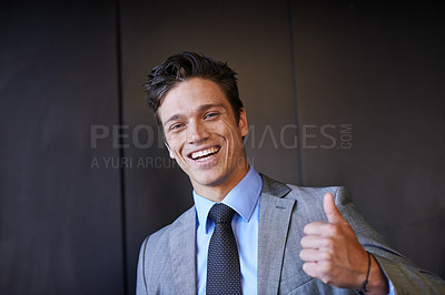 Buy stock photo Business, man and happy with thumbs up at office on portrait for ok, agreement and deal in Italy as lawyer. Male person, employee and smile or satisfied with pride in confidence for yes and well done