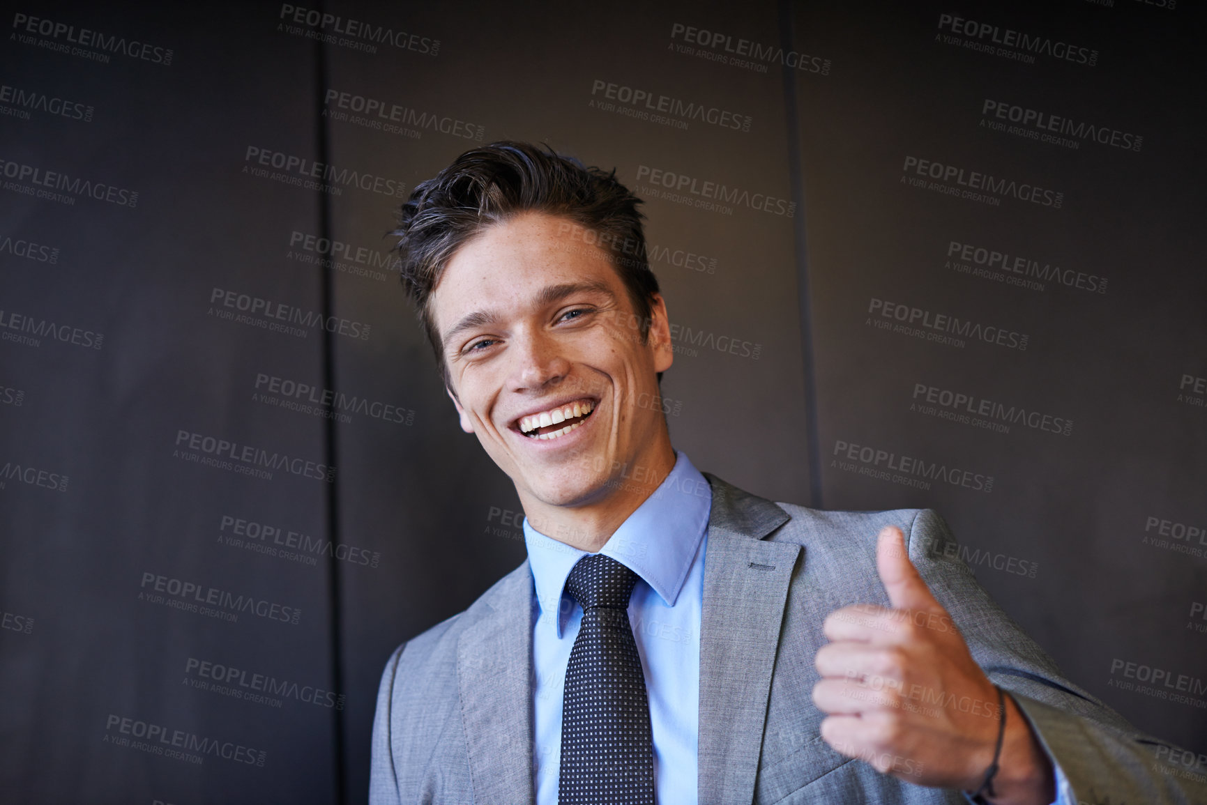 Buy stock photo Business, man and happy with thumbs up at office on portrait for ok, agreement and deal in Italy as lawyer. Male person, employee and smile or satisfied with pride in confidence for yes and well done