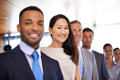 Buy stock photo Portrait, diversity and row of business people in office with smile, trust and solidarity at corporate law firm. About us, legal support and team of lawyers with confidence, pride or staff management