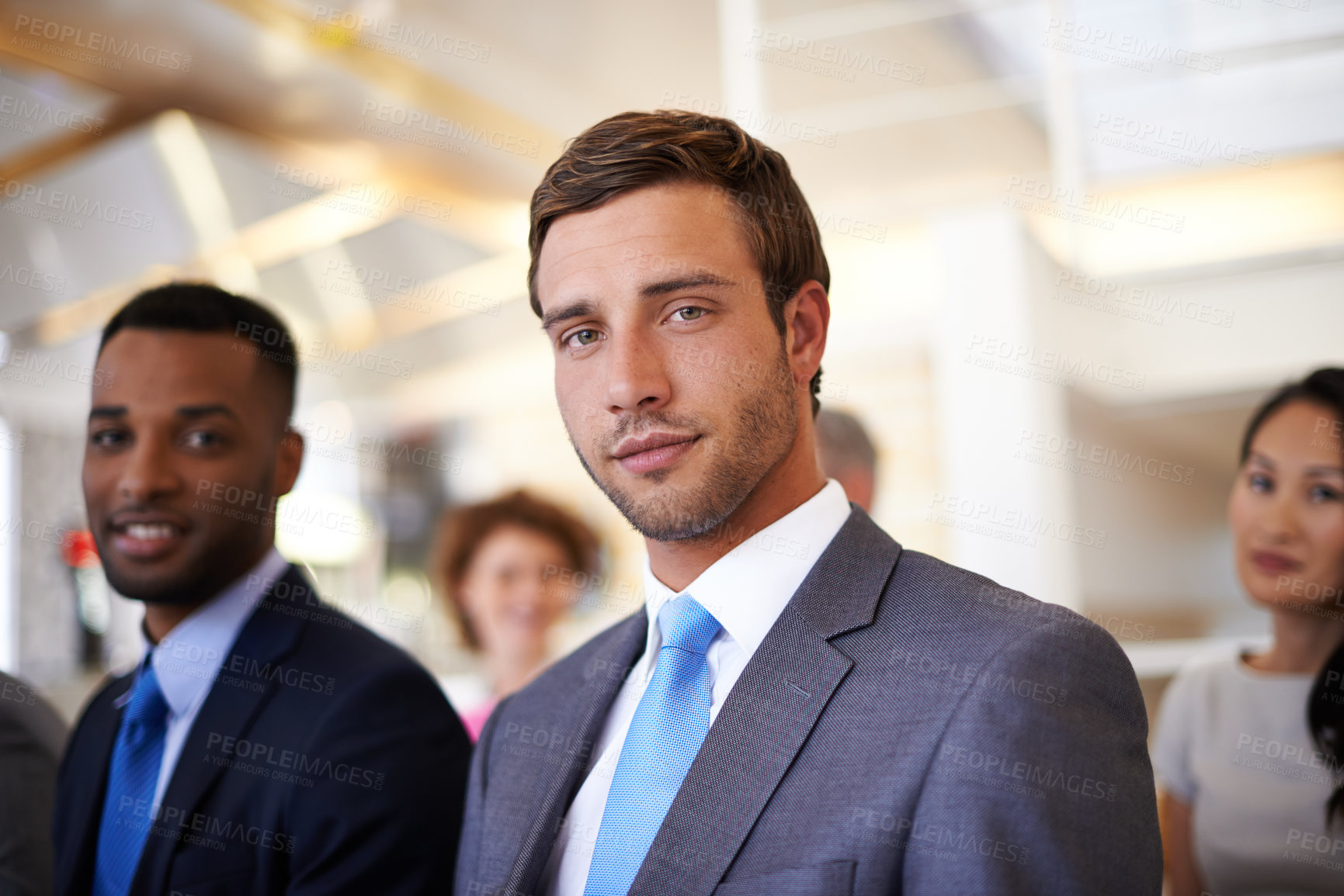 Buy stock photo Seminar, man and portrait of business people with meeting, opportunity and audience at corporate office. About us, group and team in conference with confidence, pride and support at workshop