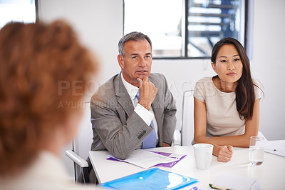 Buy stock photo Teamwork, listening and planning with business people in office for meeting, partnership and project management. Proposal, brainstorming and corporate with employee in agency for coaching and idea