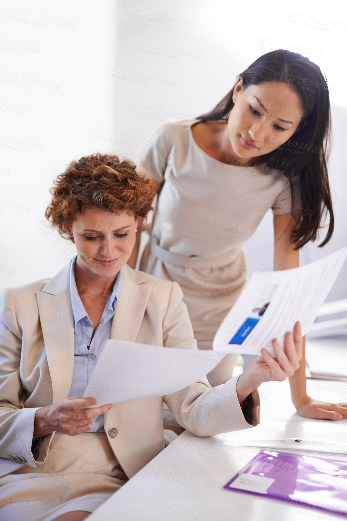 Buy stock photo Teamwork, documents and planning with business people in office for meeting, partnership and project management. Proposal, brainstorming and corporate with employee in agency for coaching and idea