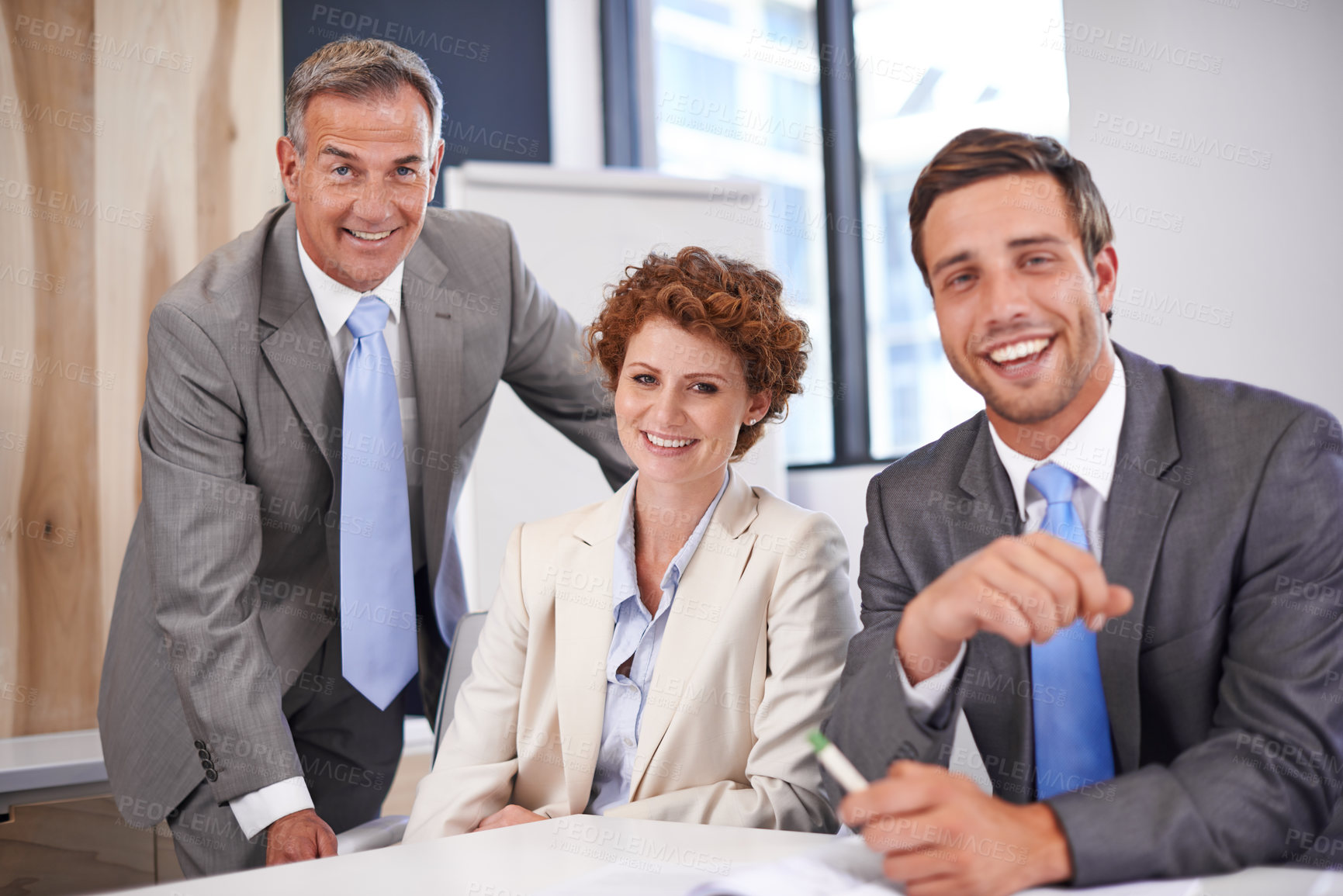 Buy stock photo Teamwork, portrait and planning with business people in office for meeting, partnership and project management. Proposal, brainstorming and corporate with employee in agency for coaching and idea