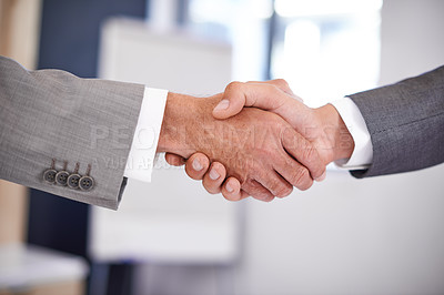 Buy stock photo Corporate, meeting and business people with handshake in office for partnership, merger or consultation. Deal, director and shaking hands with subsidiary for negotiation, agreement or b2b integration