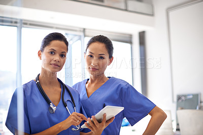 Buy stock photo Female nurses, focus and digital tablet or healthcare planning or wellness analysis and portrait in hospital. Team, collaboration and women doctors or diagnosis or medical result and clinic