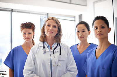 Buy stock photo Doctor, nurses and portrait of hospital group or women leadership in clinic team or surgeons for diversity in healthcare. Wellness, professional and teamwork or collaboration and medical student