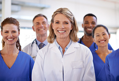 Buy stock photo Healthcare, portrait of medical team smiling and in hospital building. Teamwork or collaboration, happy medicine staff together and group of woman doctors or nurses in clinic or workplace.
