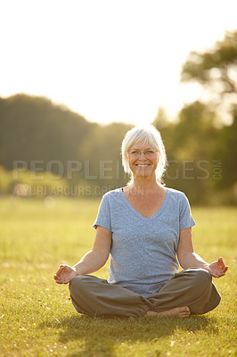 Buy stock photo Portrait, yoga and old woman in park, meditation and smile with wellness, nature and fitness. Face, pensioner and mature person on grass field, exercise and morning routine with healthy and workout