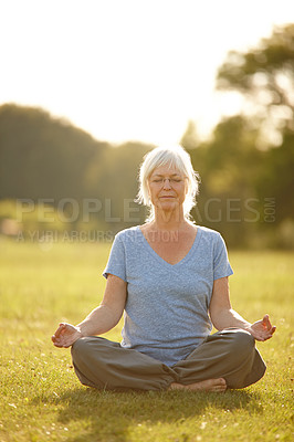 Buy stock photo Meditation, lotus pose and woman in nature for relax, calm and grounding exercise in morning. Health, peaceful and senior female person in padmasana for outdoor flexibility, balance and mindfulness.