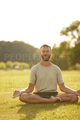 Buy stock photo Meditation, lotus pose and man in nature for relax, calm and grounding exercise in morning. Health, peaceful and portrait of male person in padmasana for outdoor self care, balance and mindfulness.