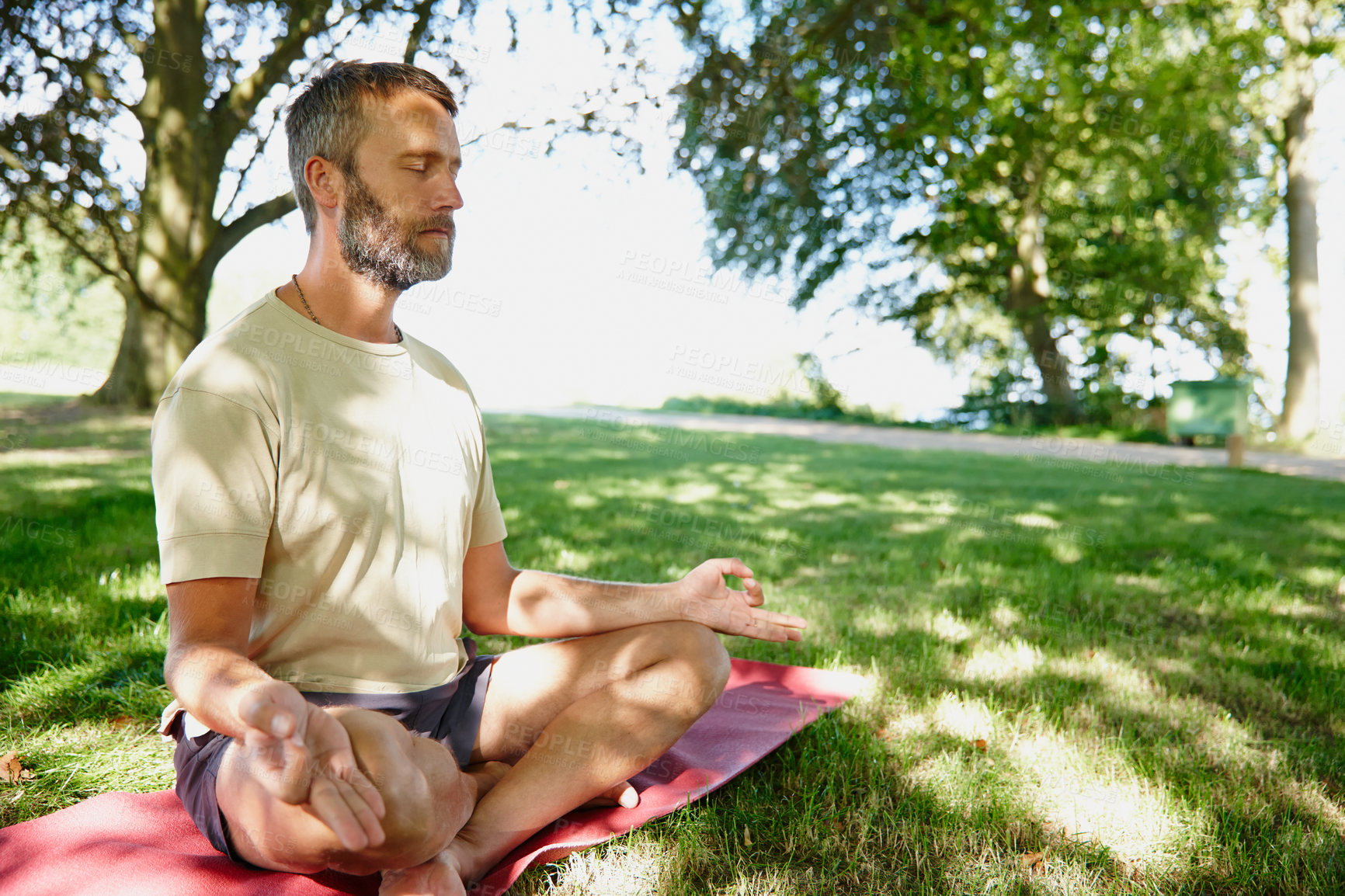 Buy stock photo Shot of a handsome mature man meditating in the lotus position outdoors