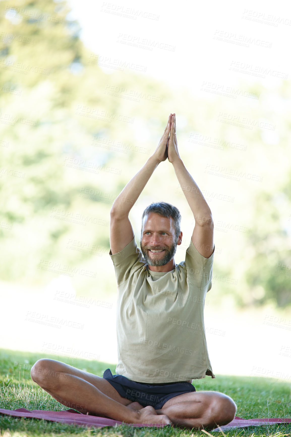 Buy stock photo Praying, hands and man with yoga in nature for meditation, holistic wellness and mindfulness. Outdoor, mature person and namaste pose at park for zen, spiritual healing or posture for balance on mat