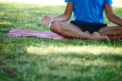 Buy stock photo Grass, hands and man for mediation on mat with mindfulness, peace and calm for mental health. Male person, outdoor and lotus pose at park with zen for spirituality, relax and self care or calm