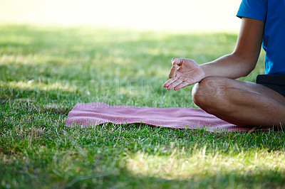 Buy stock photo Park, hands and man for mediation on mat with mindfulness, peace and calm for mental health. Male person, outdoor and lotus pose on grass with zen for spirituality, relax and self care or fitness