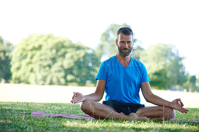 Buy stock photo Portrait, lotus and man in park, meditation and smile with wellness, morning routine and yoga. Face, person and guy with exercise, outdoor or breath with break, zen and chakra with fitness or balance