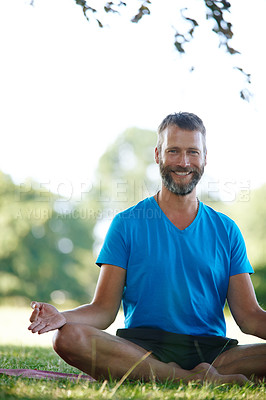 Buy stock photo Portrait, yoga and man in park, lotus and smile with wellness, morning routine and zen. Face, person and guy with exercise, outdoor or healthy with break, meditation and chakra with fitness or nature