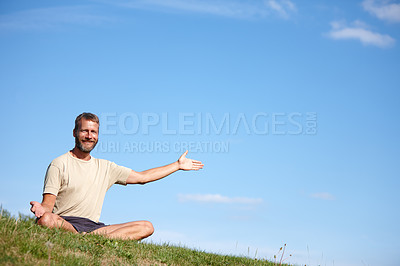 Buy stock photo Happy man, portrait and palm with blue sky for zen, inner peace or meditation in nature. Mature, male person or yogi with smile or hand out on space for natural air, awareness or health and wellness