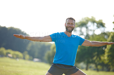 Buy stock photo Park, man and smile with stretching for fitness, exercise and workout in Germany. Male person, outdoor and happy or satisfied on portrait at forest for self care, health and wellness as routine